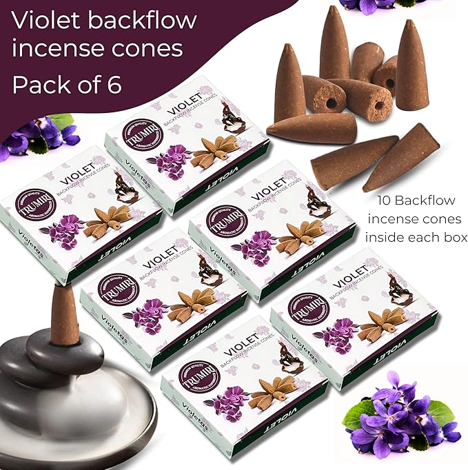 Violet Backflow Incense - 60 Cones, Six Packs of 10, Waterfall Effect