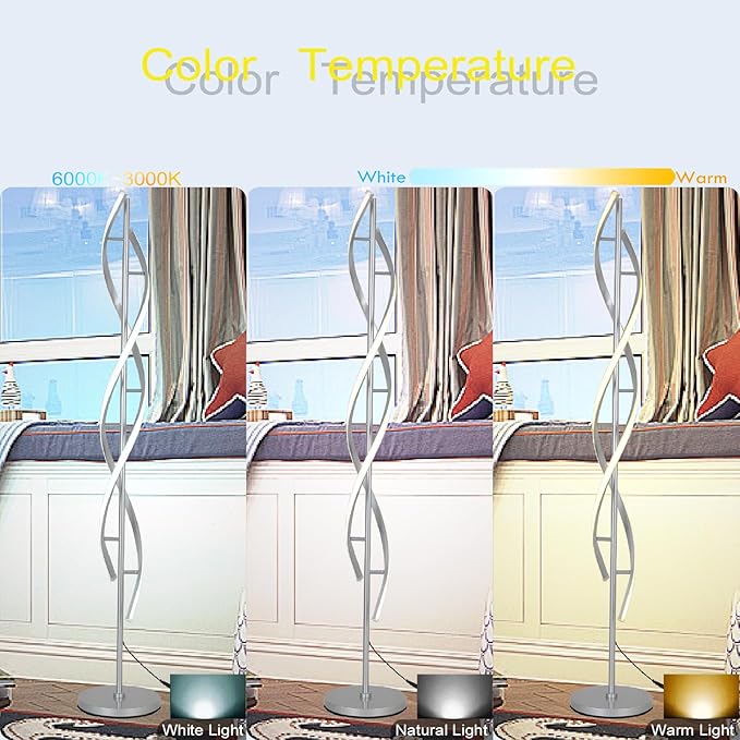 Tall Modern Floor Light Lamp for Living Room,Dimmable Spiral Corner Bedside Lamp with Rmoete for Bedroom,LED 3 Color Floor Lamp with Foot Switch for Dining Room(Silver) - Bloomnest