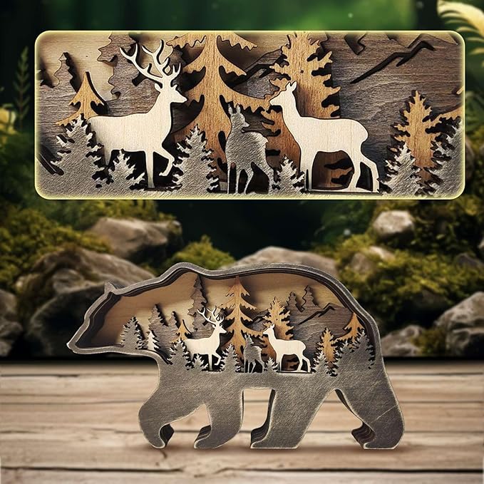 3D Wood Carving Animals Lamp Home Decorative, Cute Bear Family Elephant Presents Ideas Christmas Living Room Office Decor Warm LED Night Lights Gift for Friend Daughter Son Mom Dad (Forest Bear) - Bloomnest