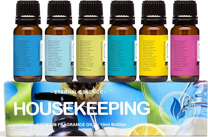 Eternal Essence Oils Housekeeping Set of 6 Premium Fragrance Oils - Includes Clean Cotton, Lemon Blossom, Lemon Grass, Sweet Pea, Ocean Breeze and Mountain Rain Scented Oils - 10ML - Bloomnest