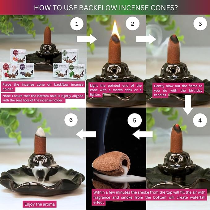 Floral - Backflow Incense Cones for Waterfall - Scented Inscents-Cones - Lavender, Jasmine, Rose, Patchouli, Lily, Gardenia - Insiensos Aromaticos - 6x10=60 Large Variety Pack