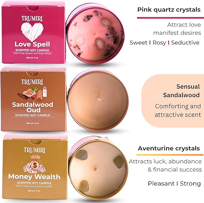 Love Spell, Money Wealth, Sandalwood Oud - Soy Candles Non Toxic - Highly Scented Long Lasting with Essential Oils - Variety Pack of 3 x 5oz - for Home Aromatherapy Meditation Gift Travel TRUMIRI
