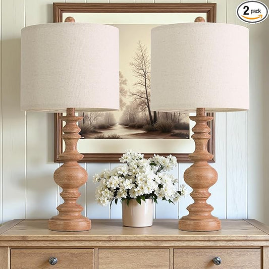 BOBOMOMO 24" Farmhouse Table Lamps Set of 2 – Rustic Light Brown Resin Bedside Lamps with Linen Shades, Medium Size Nightstand Lamps for Bedroom, Living Room, and Entryway, Ideal for Warm, Cozy Spaces - Bloomnest