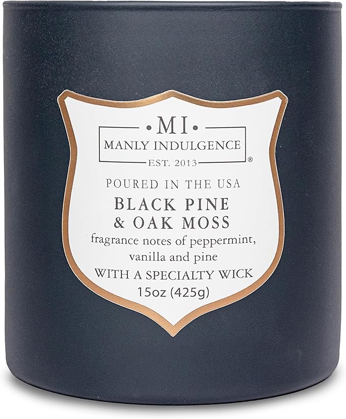 Manly Indulgence Black Pine Oakmoss Scented Candles for Men, 15 oz Wooden Wick, Premium Soy Blend Wax, 60H Burn, Candles for Home Scented - Made in The USA - Bloomnest