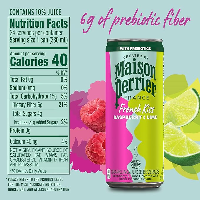 Maison Perrier French Kiss Sweetened Sparkling Juice Beverage, Raspberry & Lime Flavors With Real Fruit Juices, 24Pk - Bloomnest