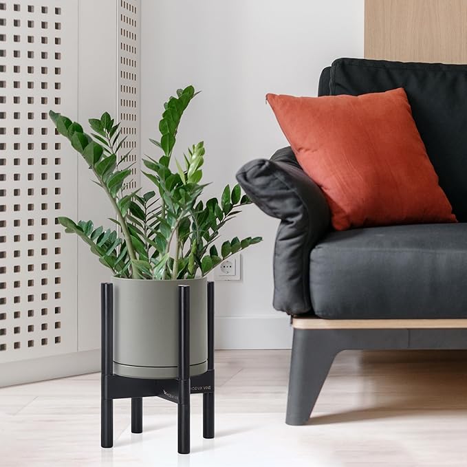 D'vine Dev Ceramic Planter with Ebony Stand - 8 Inch Modern Round Flower Pot with Wood Planter Holder, Grey, 55-B-M-3 - Bloomnest