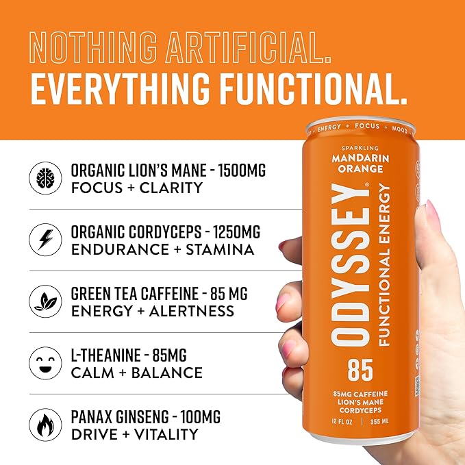 Odyssey Functional Energy Drink for Focus, Cognition & Mood Support 12 Pack - Adaptogenic Drink with 85mg Green Tea Caffeine, Lion’s Mane, Cordyceps, L-Theanine & Ginseng, Sparkling Orange - Bloomnest