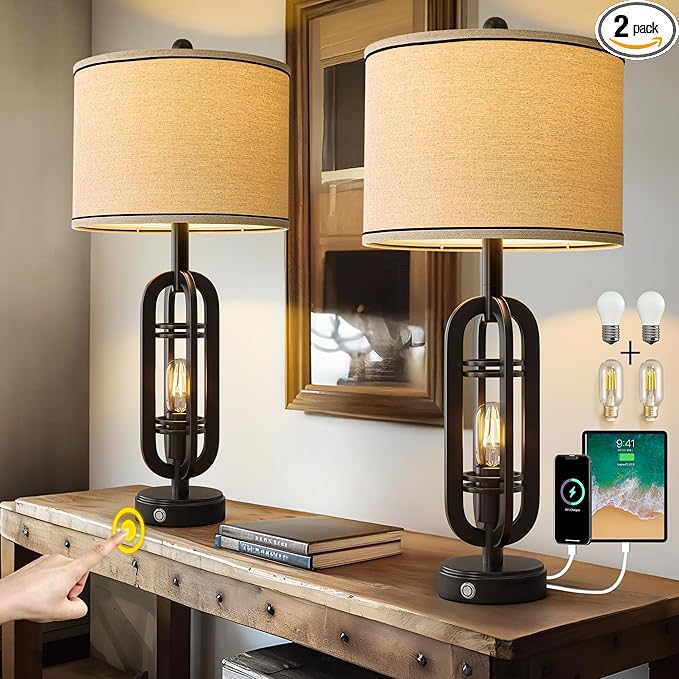 27.25'' Table Lamps Set of 2 for Living Room Bedroom Industrial Farmhouse Metal Touch Lamps with USB A+C Ports, Night Light Vintage Nightstand Bedside Lamp, Bulbs Included, Black - Bloomnest