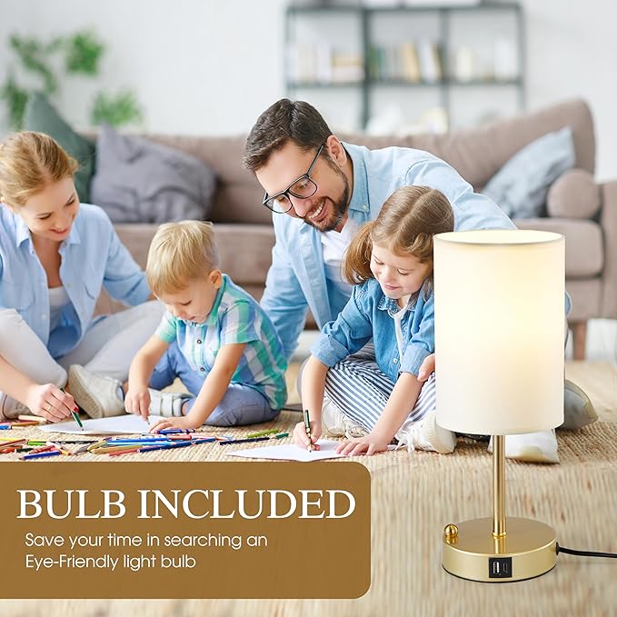 Briever Touch Control Table Lamp for Bedroom, 3-Way Dimmable Nightstand Lamp with USB Charging Ports, Bedside Desk Lamp with Gold Phone Stand & Round Linen Fabric Shade, Bulb Included - Bloomnest