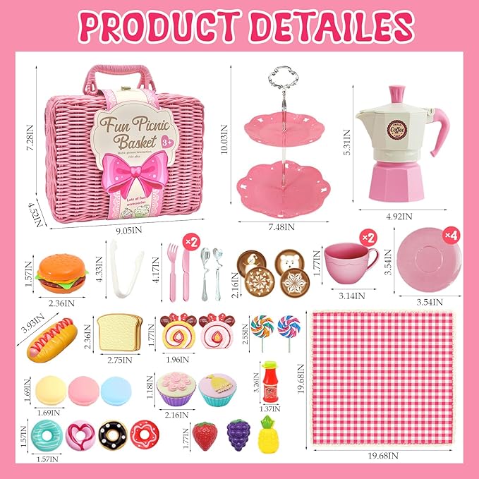 Pink Pretend Afternoon Tea Party Set with Storage Basket, Play Food & Accessories for Girls, Tea Party Set for Toddlers Indoor Outdoor Pretend Play, Kids Picnic Basket Toy Gift for Ages 3-8 - Bloomnest
