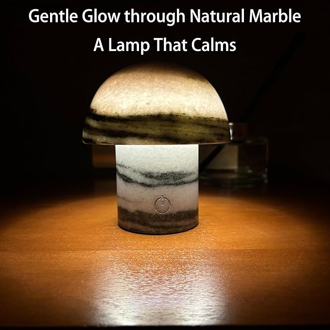 Handcrafted Natural Stone Mushroom Lamp - Rechargeable Bedside LED Night Light with Type-C Port, Unique Marble Table Lamp for Modern Interiors - Bloomnest