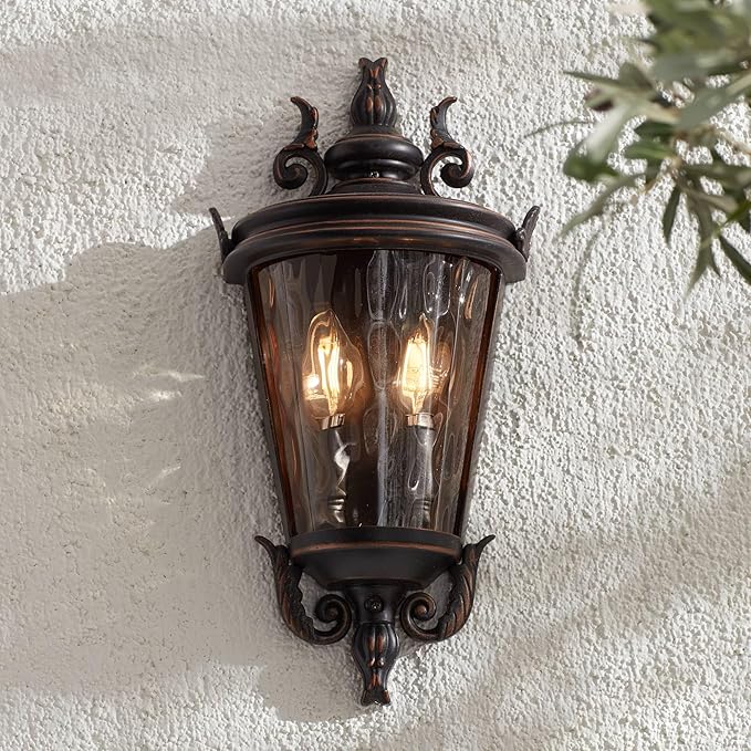 John Timberland Casa Marseille Vintage Outdoor Wall Light Fixture Veranda Bronze 17" Champagne Hammered Glass for Exterior House Porch Patio Outside Deck Garage Yard Front Door Garden Home - Bloomnest
