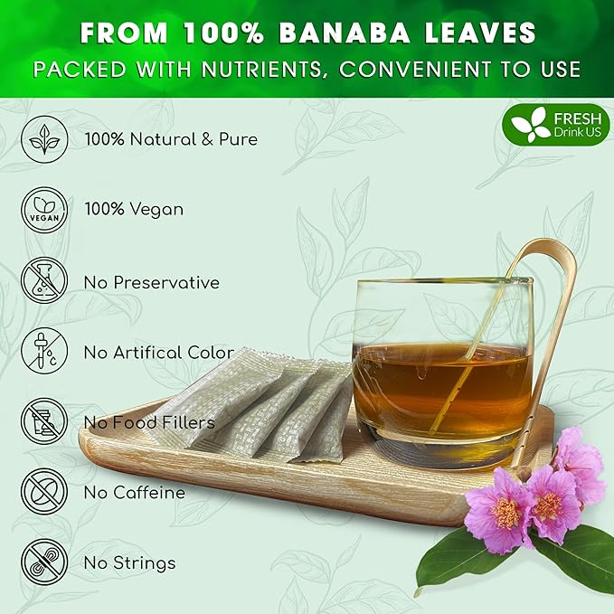 FreshDrinkUS, Premium 40 Banaba Tea Bags, 100% Natural & Pure from Banaba Leaves. Loose Leaf Banaba Herbal Tea. No Sugar, No Caffeine, No Gluten, Vegan. - Bloomnest