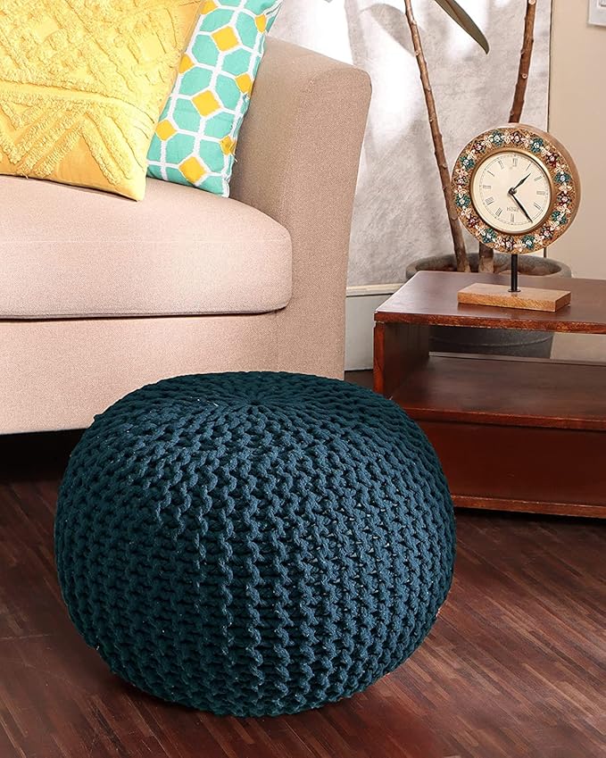 REDEARTH · Round Pouf Bean Bag Ottoman - Foot Stool Hand Knitted - Home Decor Pouffe Stuffed - Cable Boho Poof Beanbag Footrest for Living Room - Nursery - Bedroom - Patio (19.5"x19.5"x14") - Teal - Bloomnest