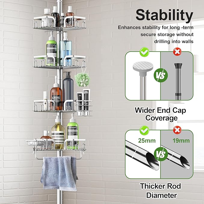 Corner Shower Caddy Tension Pole 4 Tier Adjustable Stainless Steel Shower Shelf for Inside Shower Bathtub Shampoo,Standing Bathroom Organizer Shelves with 39 to 113 inch Height - Bloomnest