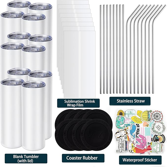 12 Pack 20 oz Sublimation Tumbler Set Double Walled Stainless Steel Skinny Straight Blank Tumbler Sublimation Cup with Lid, Straw, Shrink Wrap, Rubber Base for Heat Transfer Heat Press - Bloomnest