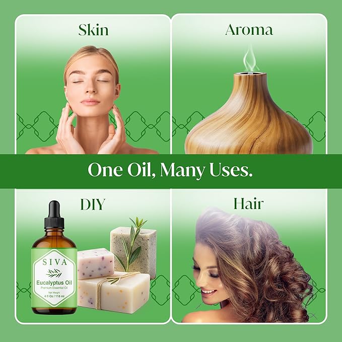 Siva Eucalyptus Essential Oil - 4 Fl Oz – 100% Natural Eucalyptus Oil - for Diffuser, Face, Skin Care, Aromatherapy, Hair Care, Scalp and Body Massage - with Dropper - Bloomnest
