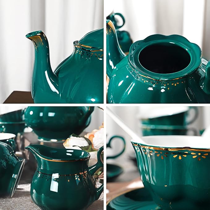 fanquare 21 Piece Vintage Porcelain Tea Set, Green with Gold Trim Fine China Tea Sets for Party, Teapot with Tea Cup and Saucers Set for 6, Christmas Gifts - Bloomnest