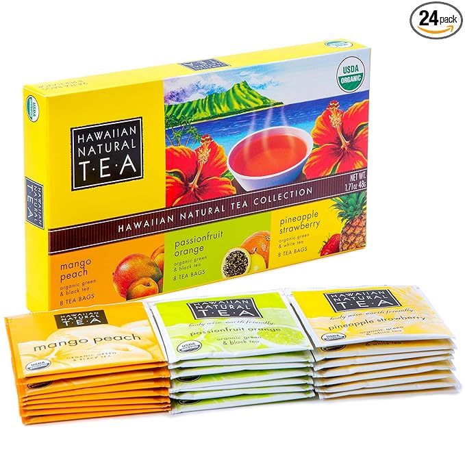 Hawaiian Natural Organic Tropical Fruit Tea Sampler - Green, Black, White Tropical Fruit Tea Blends, Gift Box Set For Special Occasions - 24 Bags - Bloomnest