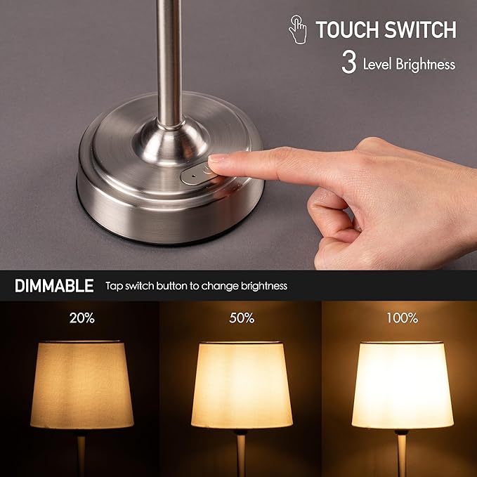 O’Bright Seraph - Cordless LED Table Lamp with Dimmer, Built-in Rechargeable Battery, 3-Level Brightness, Patio Table Lamp, Bedside Night Lamp, Ambient Light for Restaurant, Brushed Nickel - Bloomnest