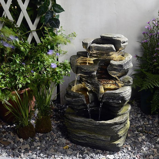 24.2" H Rock Cascading Water Fountain Outdoor&Indoor, 6-Tier Garden Naturefalls Fountains, Floor-Standing Waterfall with Lights for Patio, Backyard, Deck, Porch, Home DéCor, Stone Gray - Bloomnest