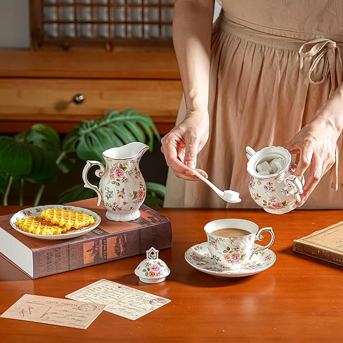 Tea Set 21-Piece Ceramic tea cups and saucers set of 6 with Sugar and Creamer Set,Teapot,teapot set for Adults, Women Tea Party (small crushed flower) - Bloomnest
