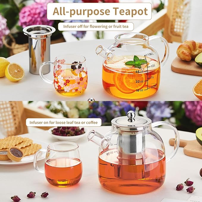 68OZ Glass Teapot Tea Pot With Infuser, Glass Kettle For Stove Top, Tea Glass Pot, 2000ML Glass Tea Cup With Infuser And Lid For Loose Leaf Tea Steeper, Dishwasher Safe - Bloomnest