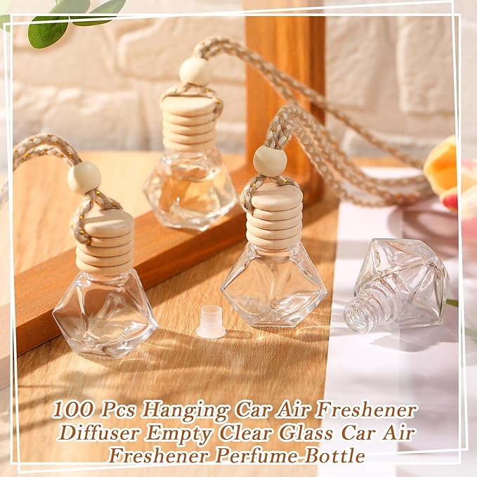 Rtteri 100 Pcs Hanging Car Air Freshener Diffuser Bottles Empty Glass Perfume Diffuser Vials Refillable Oil Aromatherapy Pendant with Wooden Caps and Hanging String for Car Home Office Decor(Diamond) - Bloomnest