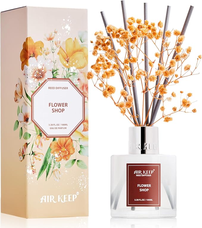 Airkeep Reed Diffuser Set,3.38 fl oz (100 ml) - Flower Shop Oil Diffusers with 8 Reed Sticks, Home Fragrance Reed Diffuser for Bathroom Shelf Decor - Bloomnest