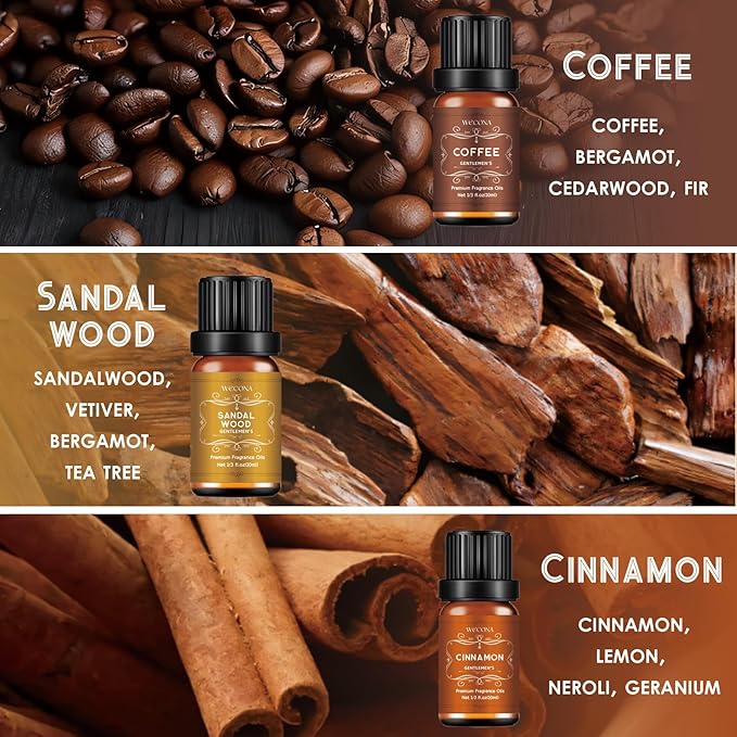 Men's Essential Oils for Diffusers for Home - 6x10ML Fragrance Oil for Candle Making - Leather, Sandalwood, Coffee, Cedarwood, Cinnamon & Amber Accord | Essential Oil Set for Soap & Gifts WECONA-NaturalRemedies