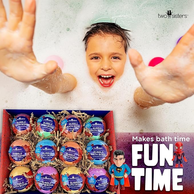 Superhero Boys Bath Bombs with Surprise Hero Toys Inside (12 Pack) - Large Bubble Bomb, Fruity Scents, Relaxing Aromas - Ideal Birthday Gift for Kids by Two Sisters - Bloomnest