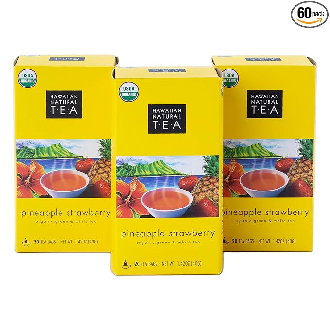 Hawaiian Natural Tea Pineapple Strawberry Flavored Organic Tea - Tropical Fruit Green Tea Blend with White Tea - Perfect Daily Cup & Gift for Tea Lovers - 60 Tea Bags - Bloomnest