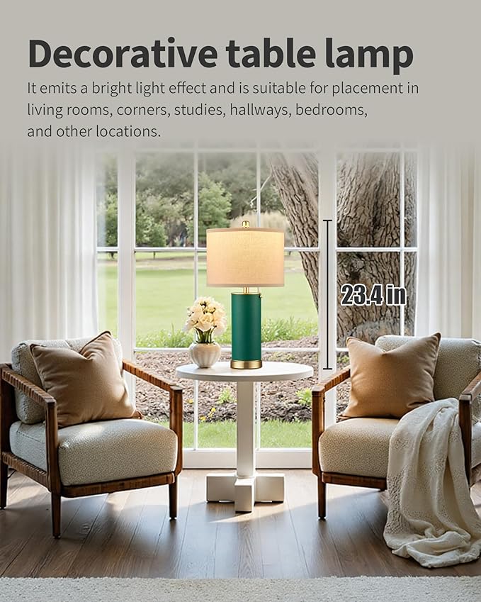 KDG 23.4" Green PU Leather Table Lamps for Living Room Set of 2, 3 Level Brightness LED Modern Home Decor Fabric Lampshade Desk Lamp Lighitng for Bedroom, Bedside, Farmhouse, Nightstand, Night Light - Bloomnest