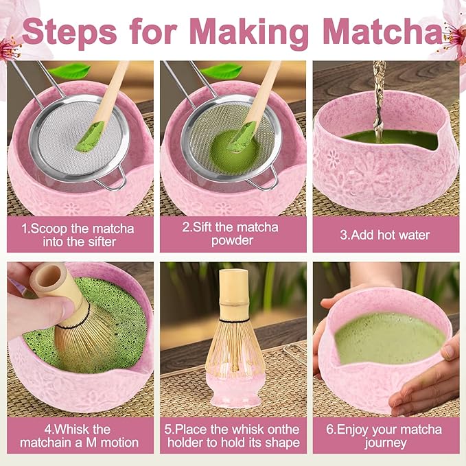 Matcha Whisk Set, 7 Pcs Matcha Kit Includes Matcha Bowl, Whisk and Holder, Bamboo Scoop, Scoop Rest, Sifter and Tea Towel, Gift for Matcha Lover (Pink) - Bloomnest