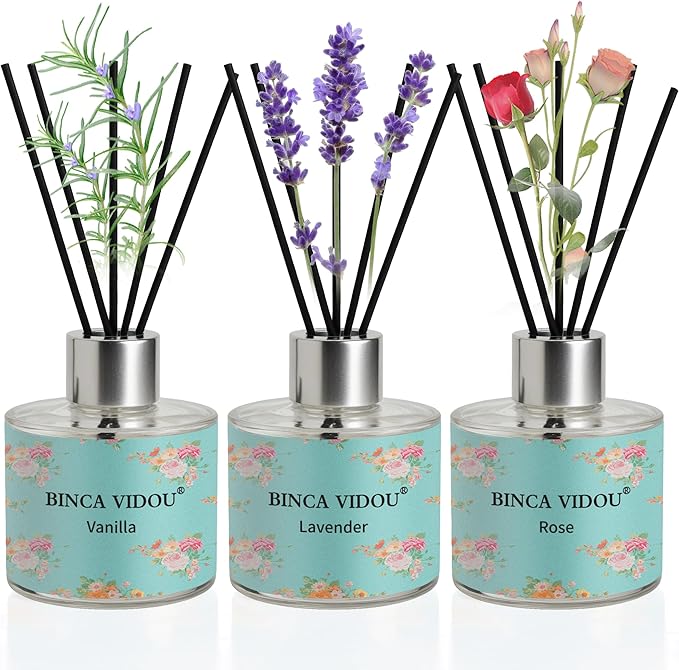 Binca Vidou Reed Diffuser Set of 3, Lavender, Rose, Vanilla Aromatherapy Oil Diffusers for Bedroom, Living Room, Office, Gift & Stress Relief, 50ml x 3 - Bloomnest