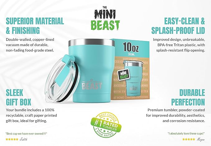 Beast 10 oz Tumbler Stainless Steel Vacuum Insulated Coffee Ice Cup Double Wall Travel Flask (Aquamarine Blue) - Bloomnest