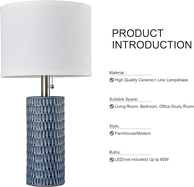 Table Lamps for Living Room Set of 2, Ceramic Table Lamps for Bedroom, 20" Modern Lamps for Night Stands, Dark Blue - Bloomnest