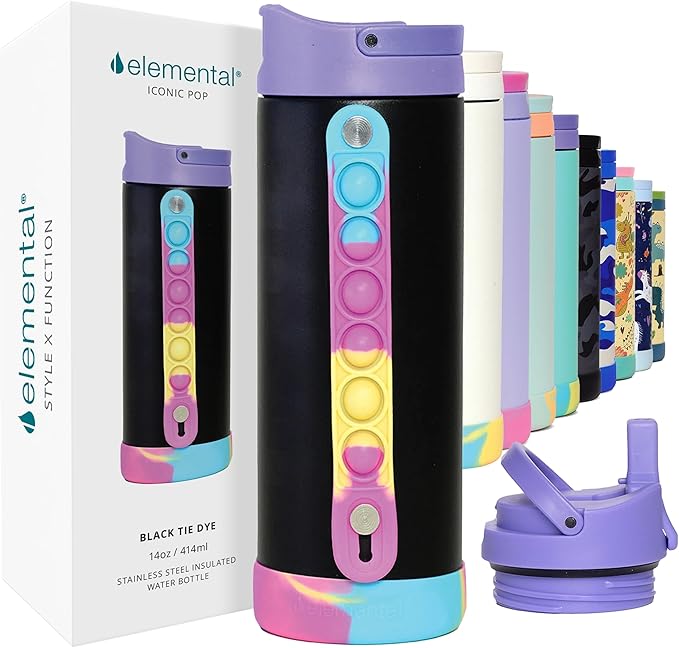 Elemental Iconic Kids Water Bottle for School - 100% Leak-Proof Insulated Water Bottles with Straw Lid & Pop-It Handle for Boys & Girls - Triple-Wall Insulated & BPA-Free, 14oz – Black Tie Dye - Bloomnest