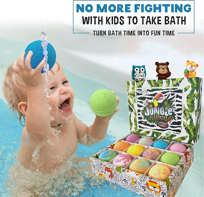 Bath Bombs for Kids with Surprise Inside, 12 Bubble Bath Fizzies with Jungle Animal Toys. Moisturizing, Gentle & Kids Safe, Rainbow Spa Bath Fizz, Stocking Stuffers Christmas Gifts for Boys, Girls - Bloomnest