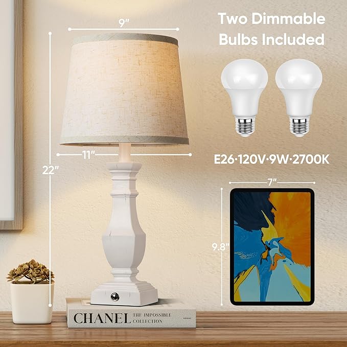 ROTTOGOON Dimmable Table Lamps Set of 2, Rustic Farmhouse Table Lamps for Living Room Bedroom, Bedside Desk Lamps for end Tables, Touch Lamps for nightstand, 9W Bulbs Included, 22", White - Bloomnest