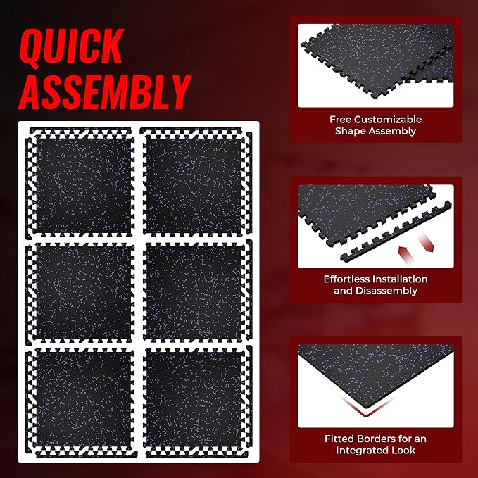 SUPERJARE 0.56'' Thick 6 Pcs 24 Sq Ft Rubber Top Exercise Equipment Mats, High Density EVA Foam Mats with Rubber Top, Interlocking Gym Flooring for Home Gym, Protective Workout Mat, Black/Purple - Bloomnest