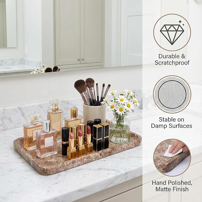Light emperador Marble Vanity Tray for Bathroom Counter-12 X7 Decorative Tray for Perfume, Candles, Stone Jewelry Dish Tray - Bloomnest