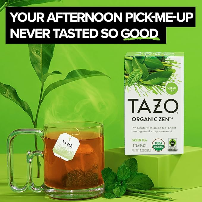TAZO Organic Zen Green Tea, Caffeinated Tea with Refreshing Lemongrass & Spearmint, 16 Total Bags - Bloomnest
