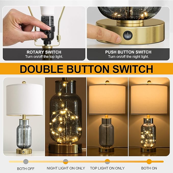 Oneach 22" Glass Table Lamps Set of 2, Gray Modern Bedside Lamp with LED Night Light for Living Room, Nightstand Lamp with USB Ports for Bedrooms, Study Room, End Table(2 Bulbs Included) - Bloomnest