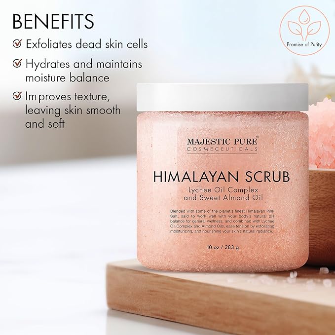 MAJESTIC PURE Himalayan Salt Body Scrub with Lychee Oil, Exfoliating Salt Scrub to Exfoliate & Moisturize Skin, Deep Cleansing - 10 oz - Bloomnest