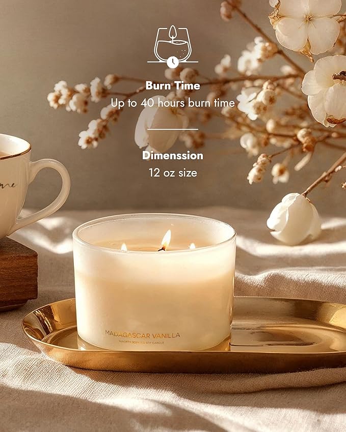 96NORTH Luxury Vanilla Soy Candles | Large 3 Wick Jar Candle | Up to 50 Hours Burning Time | 100% Natural Soy Wax | Relaxing Aromatherapy Aesthetic Candle | Housewarming Gift for Men and Women - Bloomnest