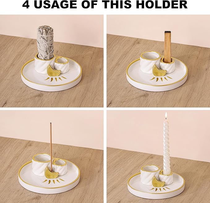 Ceramic Incense Holder Burner, Sage Holder for Burning, Palo Santo Sticks Holder, 5.51" Ash Catch Tray, Smudge Dish for Meditation Yoga, Modern Home Decor Gift - Bloomnest