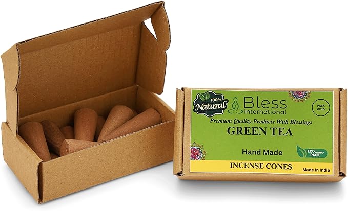 Bless International Green-Tea 100%-Natural-Incense-Cones Handmade-Hand-Dipped Organic-Chemicals-Free for-Purification-Relaxation-Positivity-Yoga-Meditation The-Best-scents (10 Count)