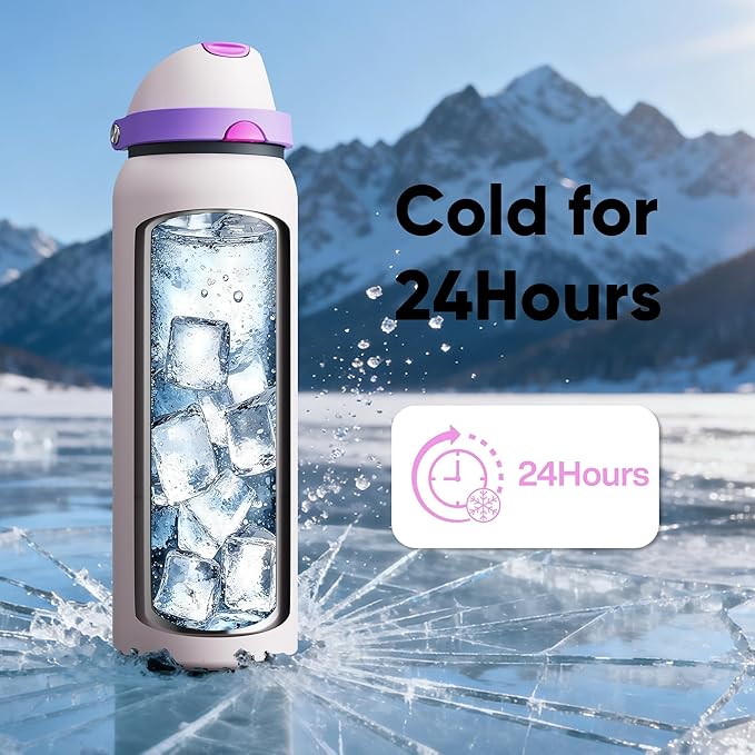 Insulated Water Bottle with Straw - Encool Stainless Steel Water Bottle with Push Button Lid, Leak-Proof & BPA-Free, Keeps Cold for 24 Hours for Sports, Travel, Gym (40 oz, Oyster Pink) ENCOOL