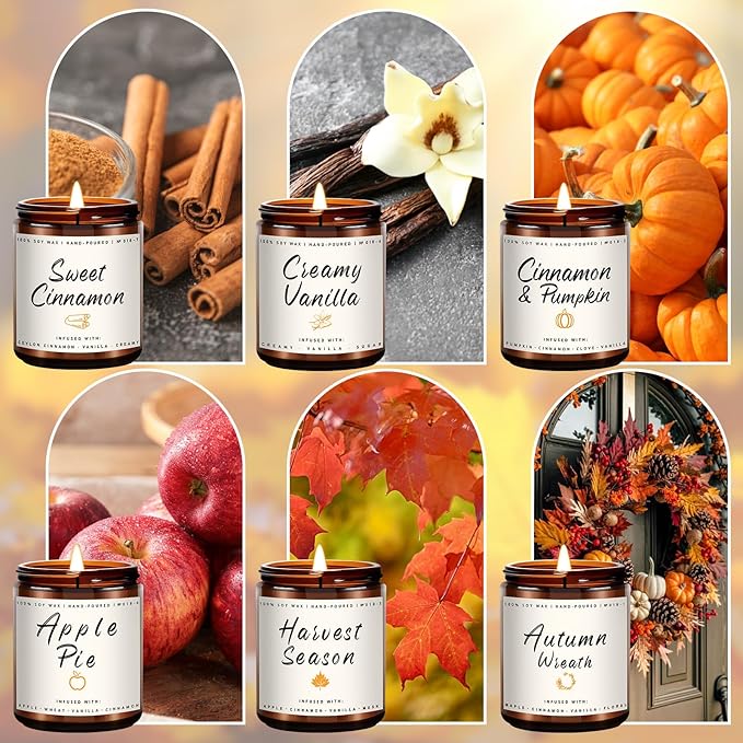 Auelife Fall Candles, 6 Pack Scented Candle Set, 42 oz Autumn Soy Candles for Home Scented, Fall Candle Gifts Set for Men and Women, Autumn Home Decor of Wreath/Apple/Latte/Harvest/Vanilla/Cinnamon - Bloomnest